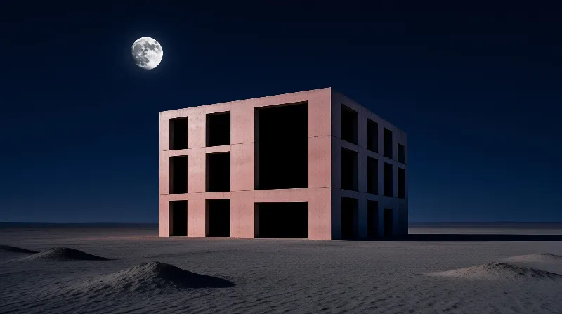 A cubic concrete building with large dark openings stands in a desert under a night sky with a full moon.