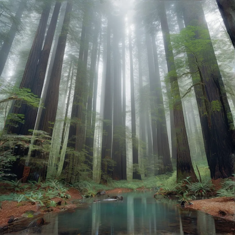 Tall redwood trunks pierce misty forest air as sunbeams shine down onto a quiet reflective stream banked with ferns