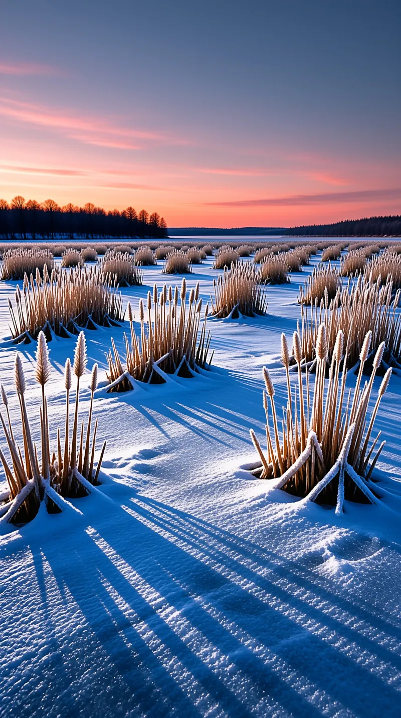 Winter Sunset Over Snowy Reeds