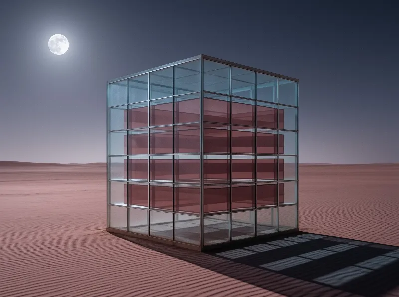 A transparent grid building with rose tinted interior floors stands alone on rippled sand beneath a glowing night moon.