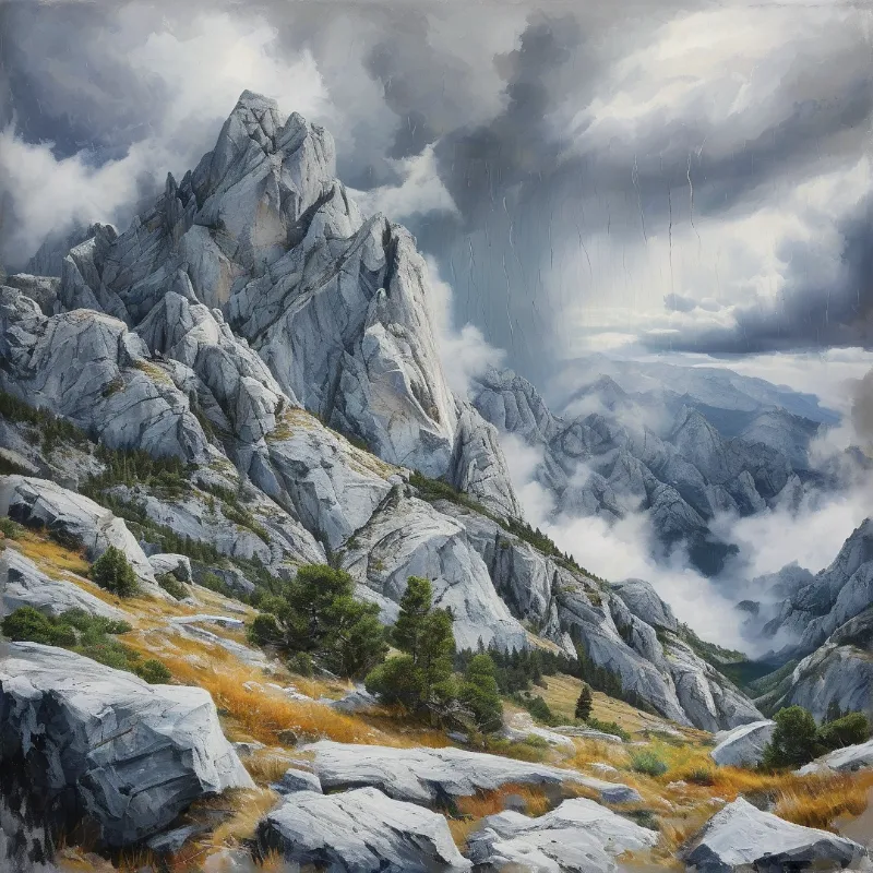White granite cliffs rise sharply on the left with scattered pine trees and golden grass below under a heavy cloud cover.