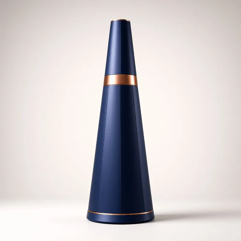 A navy blue conical vessel stands on beige featuring copper rings top and base with soft lighting casting a shadow right.