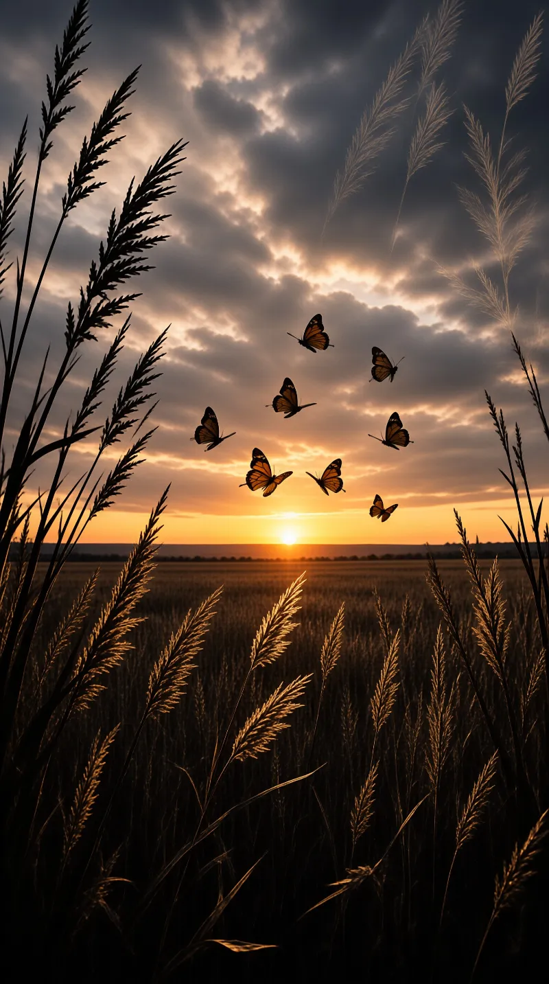 A group of butterflies flies against a cloudy sky while the sun sets over a distant landscape.