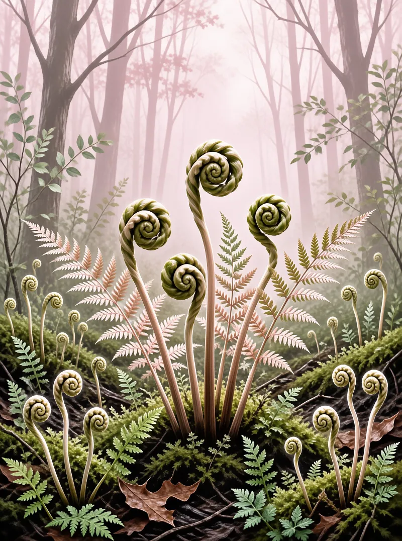 Young fern fronds curl into tight spirals rising from green moss beneath trees shrouded in soft pink fog.