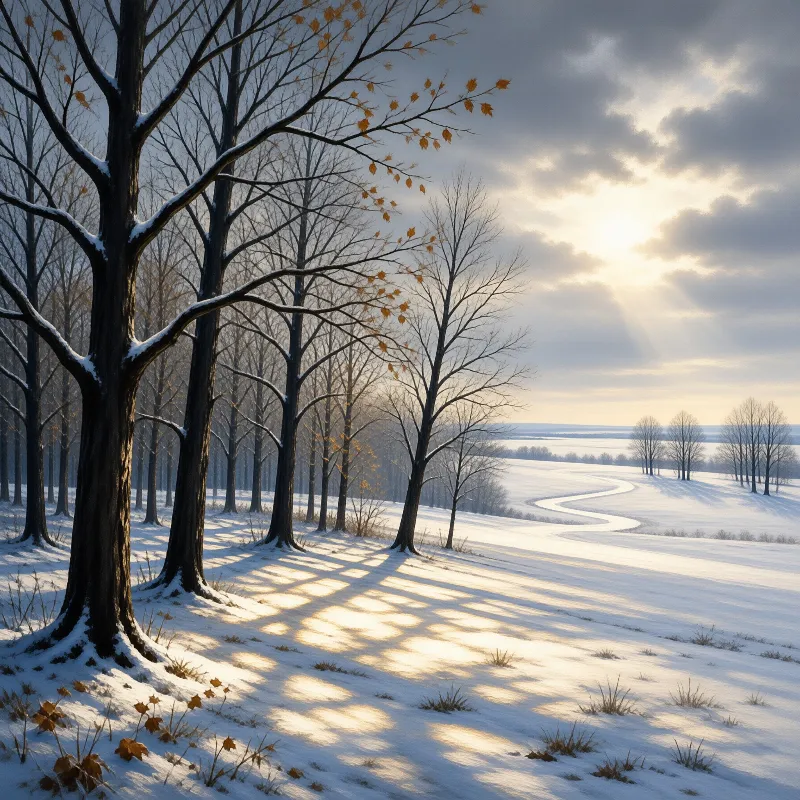 Leafless trees cast long shadows on the snow as sunbeams break through clouds over a winding path.