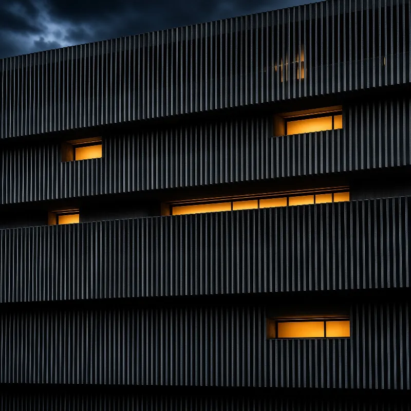 Warm amber light spills from recessed windows set between rows of dark vertical metal fins under a stormy evening sky