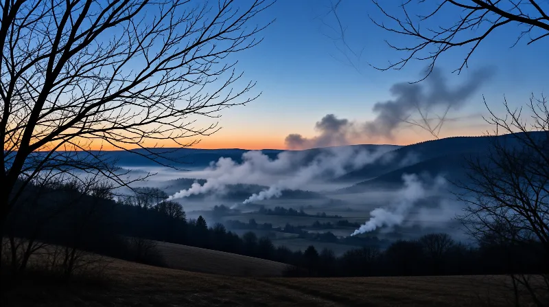 Silhouetted bare tree limbs frame a valley covered in mist beneath a blue sky with an orange horizon and drifting clouds.