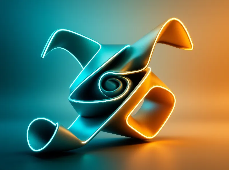 A smooth twisted form transitions from blue to orange surrounded by bright luminescent borders on a soft backdrop.