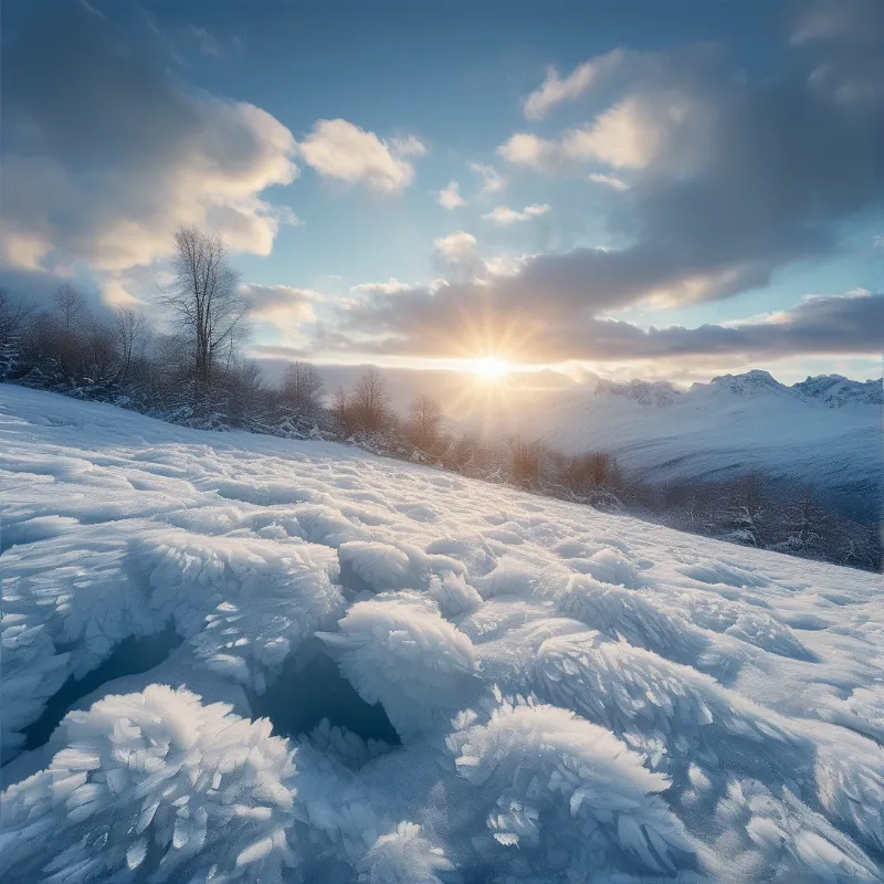 A rugged snow-covered hillside features textured frost patterns while a bright sunburst shines over distant mountains.