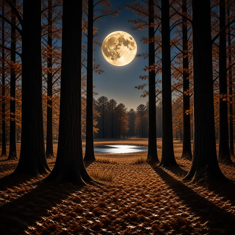 Bright moon hangs above a dark forest with tall trees and a small pond reflecting the light.