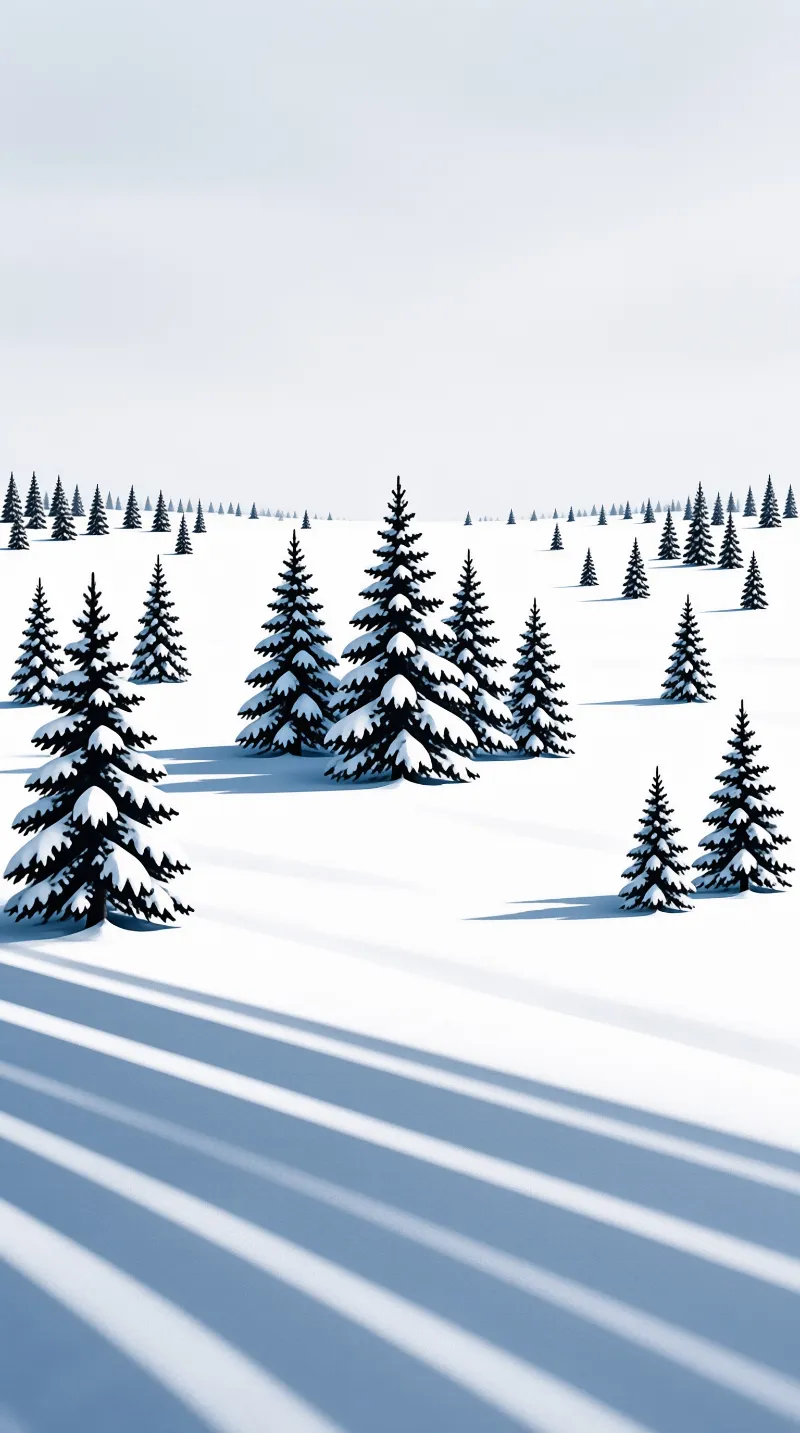 Tall evergreen trees stand on a white snowfield with long blue shadows stretching across the foreground under a pale sky.