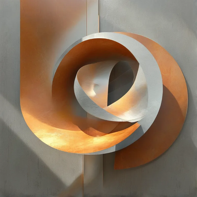 Abstract wall sculpture with interlocking copper and silver loops mounted on textured grey concrete lit by sunlight.