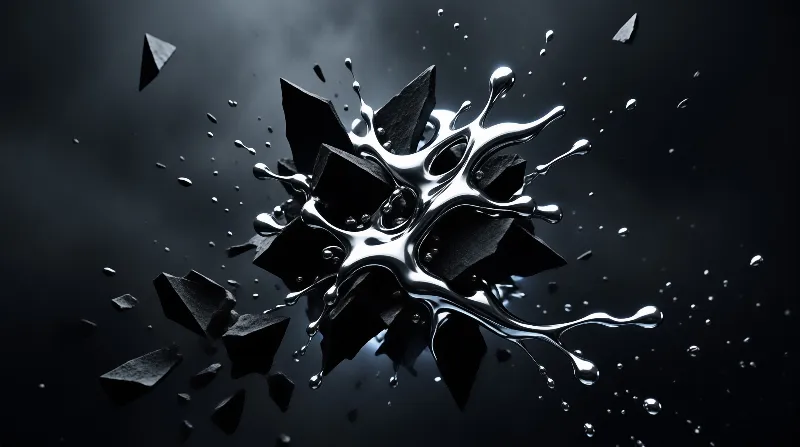 Shiny metallic silver liquid bursts against jagged cracked black stone with small fragments and droplets flying outward in a dark muted cool blue environment.