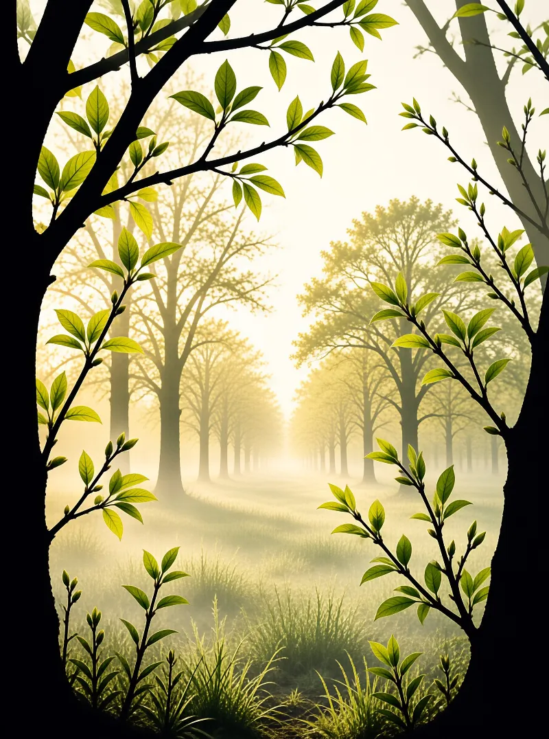 Silhouetted trees frame a bright misty forest path with fresh green leaves catching golden morning light.