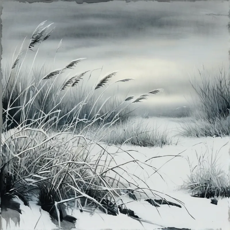 Monochromatic tall grasses bend in the wind across a snowy landscape under a soft misty sky.
