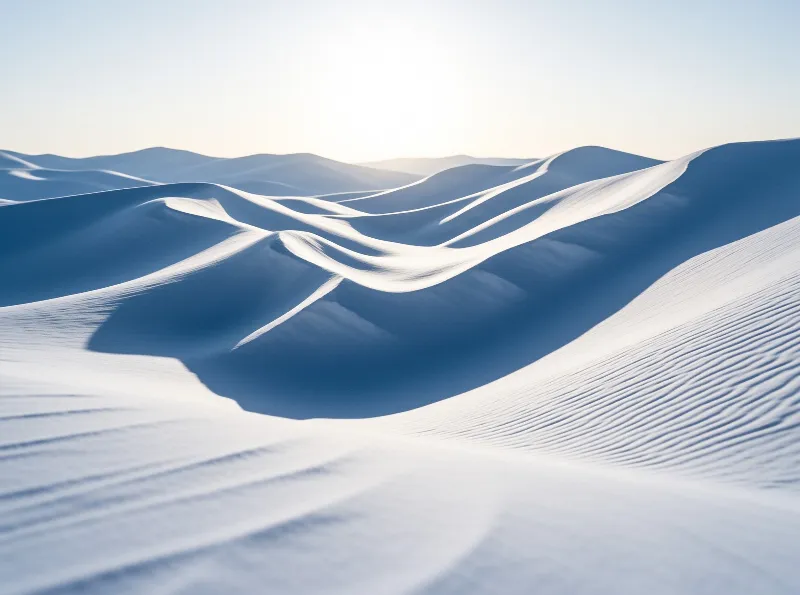 Rolling white sand dunes create a pattern of bright ridges and deep blue shadows under a bright sky.