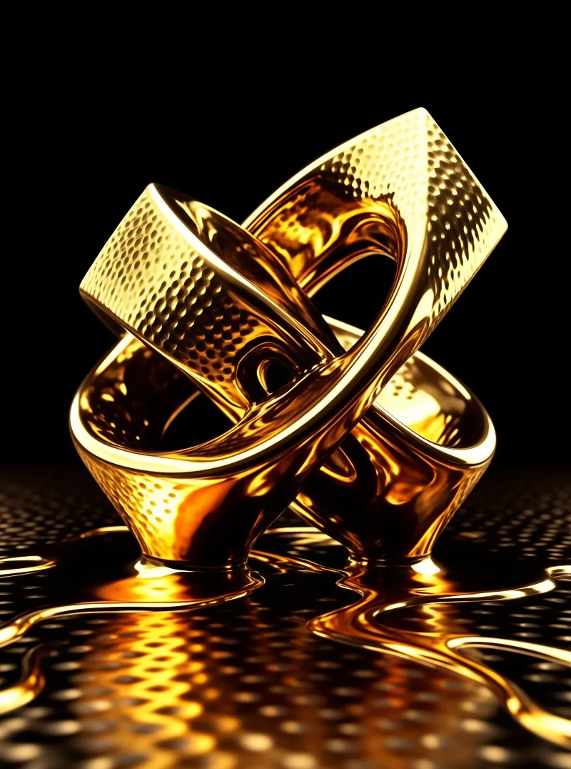 Interlocking hammered gold rings rest on a reflective rippling surface with high contrast lighting.