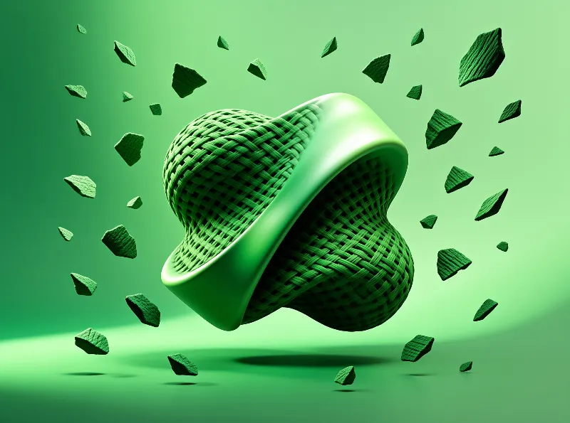 A glossy green knot of woven lattice drifts amid scattered fragments on a soft gradient backdrop.