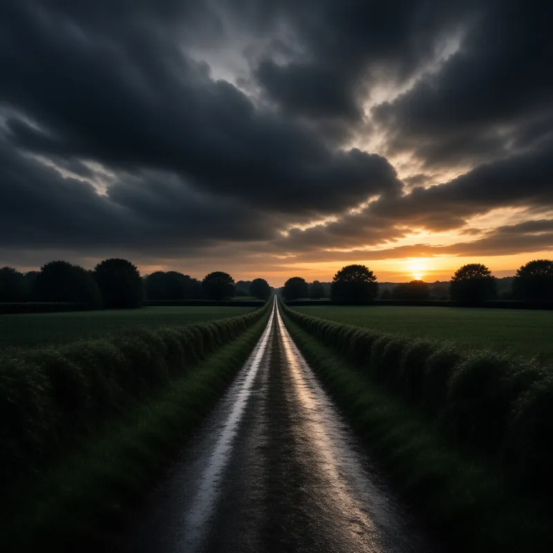 A wet road stretches straight through green fields towards a horizon where the sun sets behind heavy dark clouds.