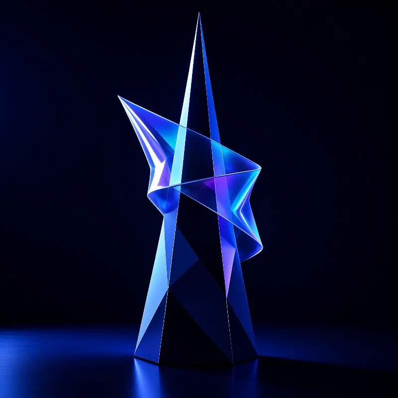 A twisted translucent blue object emits light while standing against a deep black background.