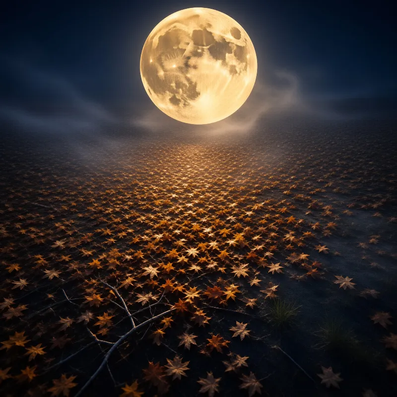 A bright full moon rises above a dark field covered in fallen autumn leaves under a misty night sky.