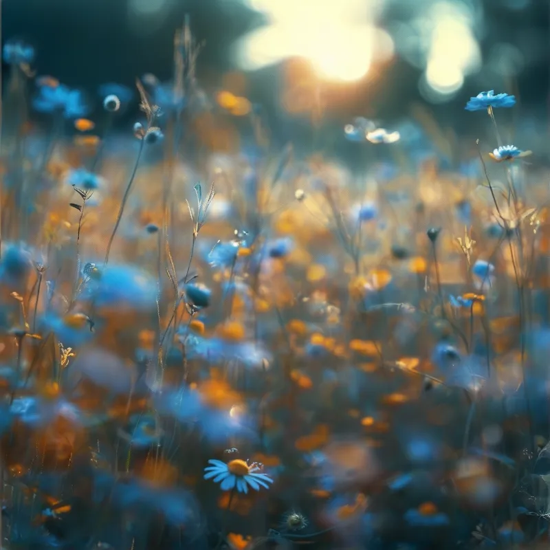 Golden late afternoon light bathes a meadow of blue petaled daisies and grasses, with sharp foreground blooms and soft blurred light points in the background.