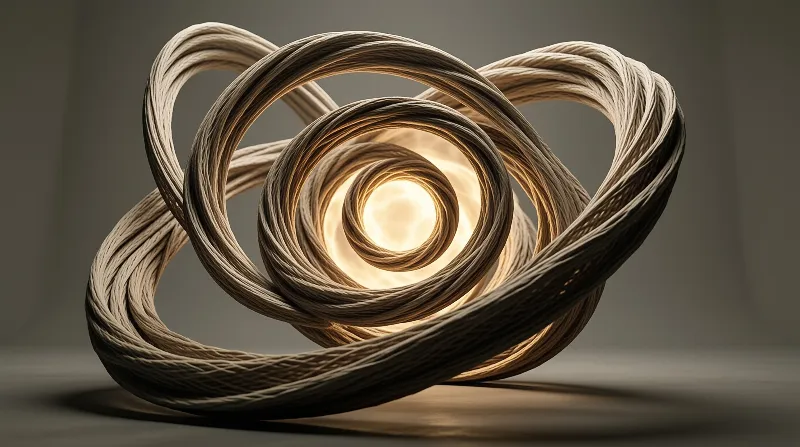 Spiraling twisted rope sculpture sits on a neutral surface with warm glow shining from its tight central core