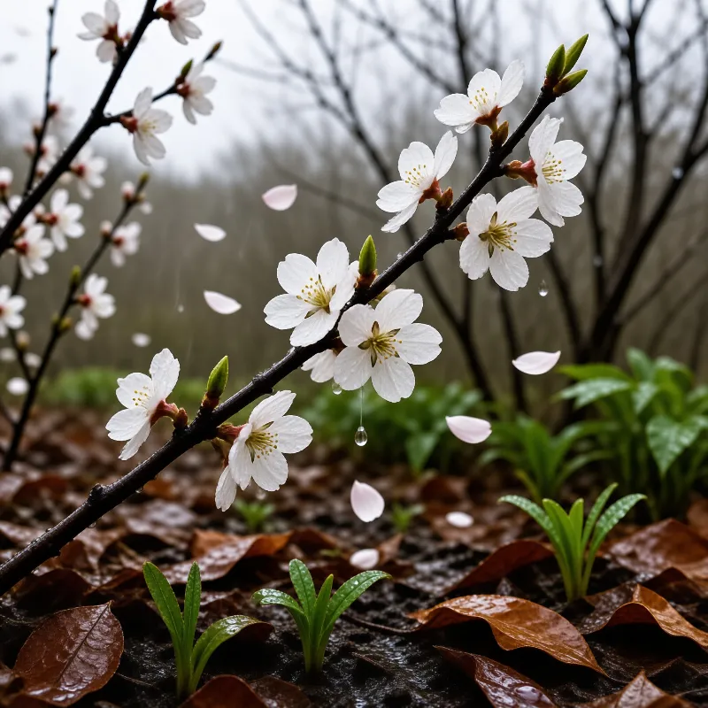 White cherry blossoms with yellow centers hang from dark wet branches above rain soaked brown leaves and green sprouts