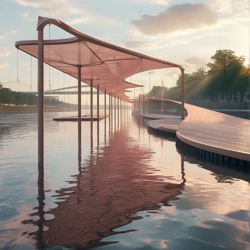 A curved wooden pier with a translucent pink canopy stretches across a shimmering river reflecting the warm evening light.