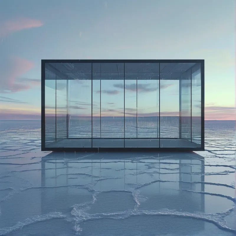A transparent glass room stands on cracked white earth mirroring a soft gradient sky with pink and blue clouds.