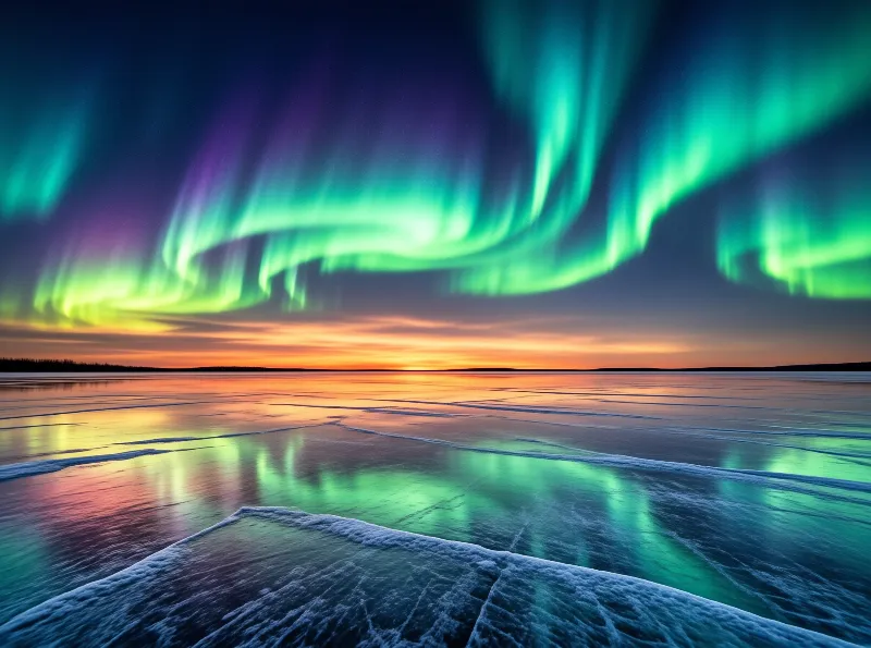 Bright green aurora borealis streaks across a dark sky above a cracked frozen lake reflecting orange sunset light.
