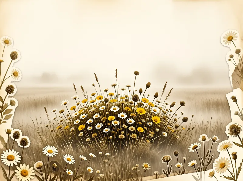 A vintage sepia field of wild daisies and grasses framed by torn paper cutout flower borders.