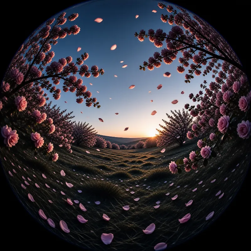 A circular view of a grassy field framed by pink cherry blossom trees with petals drifting in the air at golden hour.