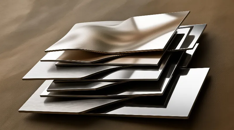 A stack of brushed silver metal sheets with one rippled top panel rests on a warm tan cloth in gentle light