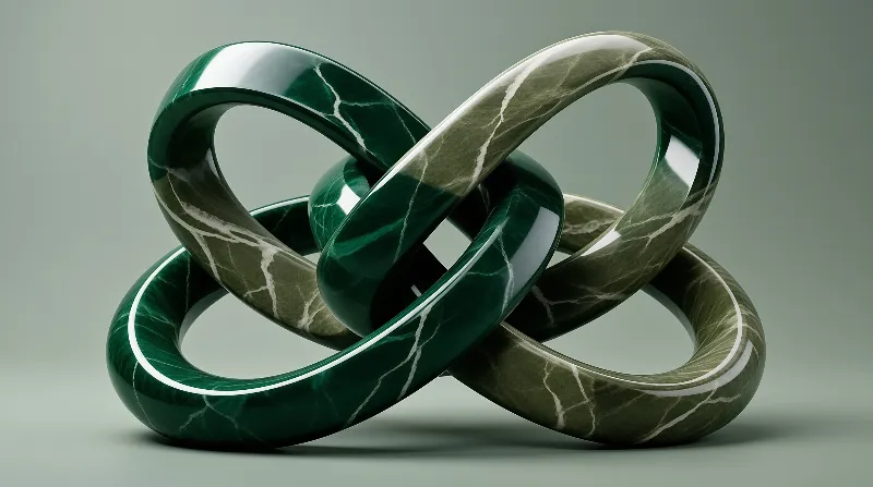Three polished green marble rings are interlocked in a complex geometric shape against a plain gray background.