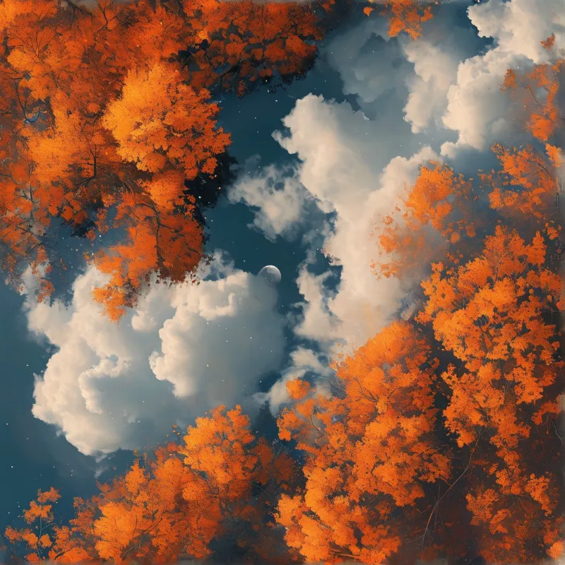 Burnt orange canopies drift around billowing cumulus and a small crescent moon set in a deep teal night sky.