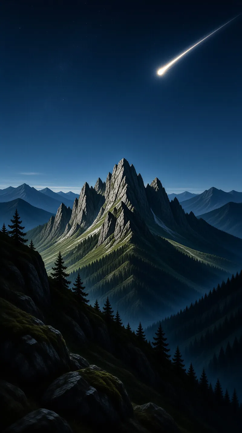 A meteor streaks above a sharp alpine ridge while dark pine forests fade into a deep blue night.