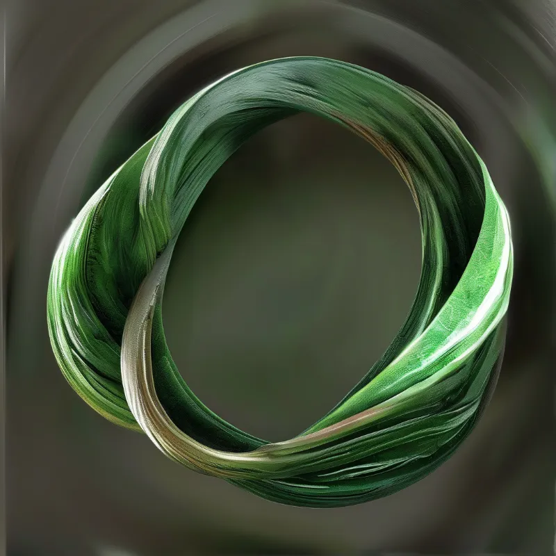 A swirling green structure resembling a ribbon knot floats within a shadowy environment.