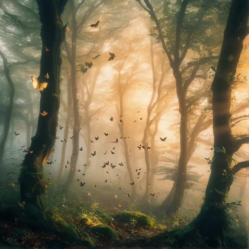 Numerous butterflies drift among tall mossy trunks as warm golden beams slice through the hazy green woodland at dawn.