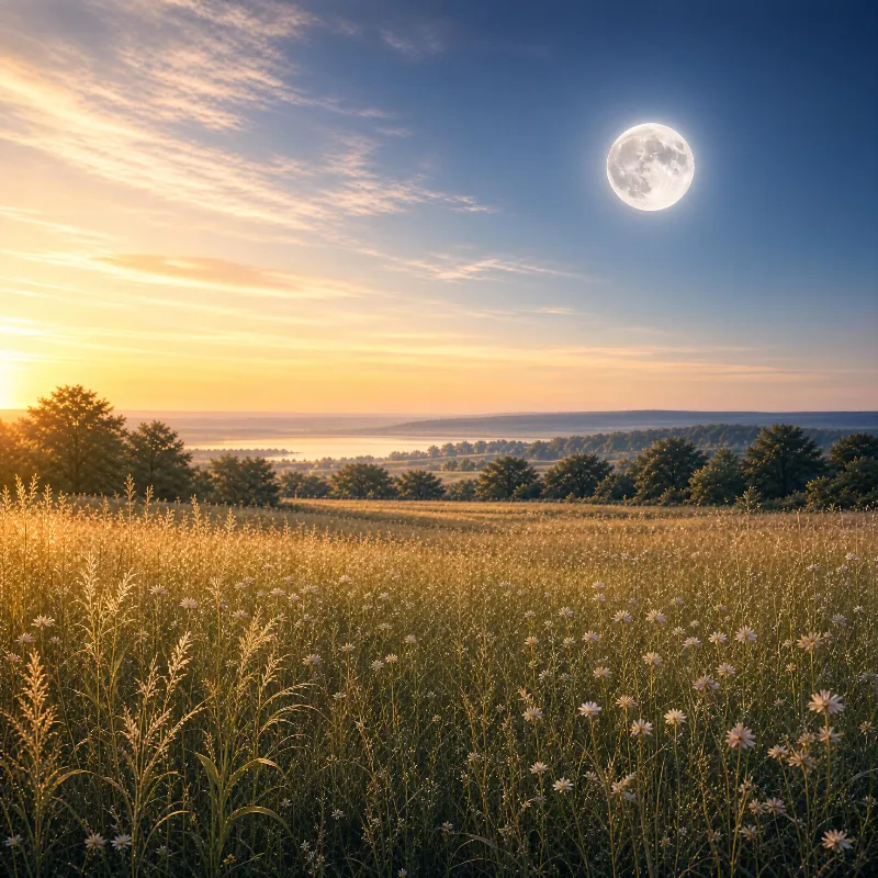Sunset Meadow with Moon