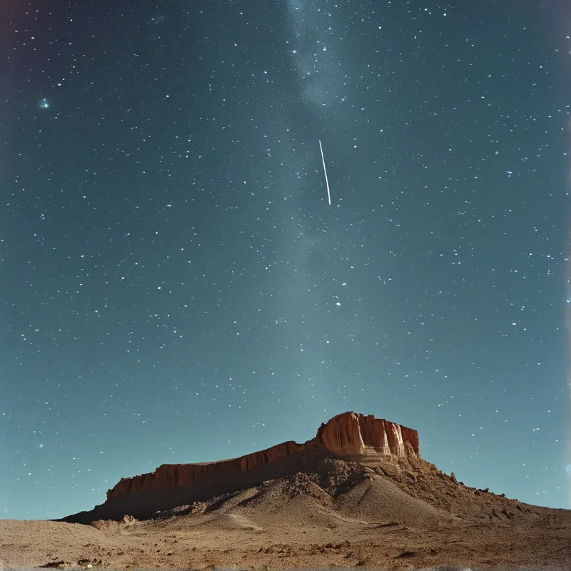 Rugged red rock rises from sandy desert floor against deep blue starry sky with a distinct white meteor streak.
