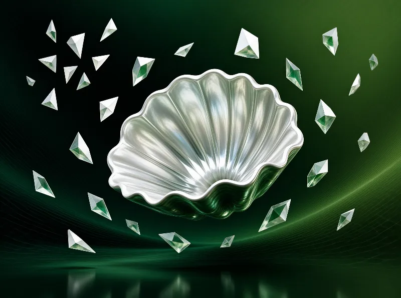 A lustrous mother of pearl shell floats amid suspended green gems against a deep emerald backdrop.