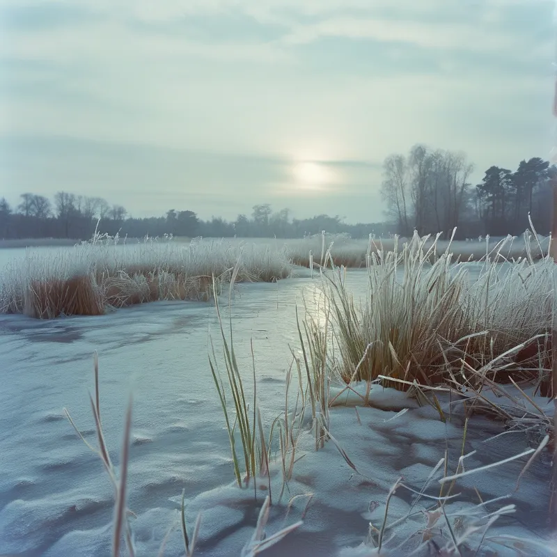 A frozen marsh with frost covered reeds and a bright low sun glowing through pale mist over bare trees.