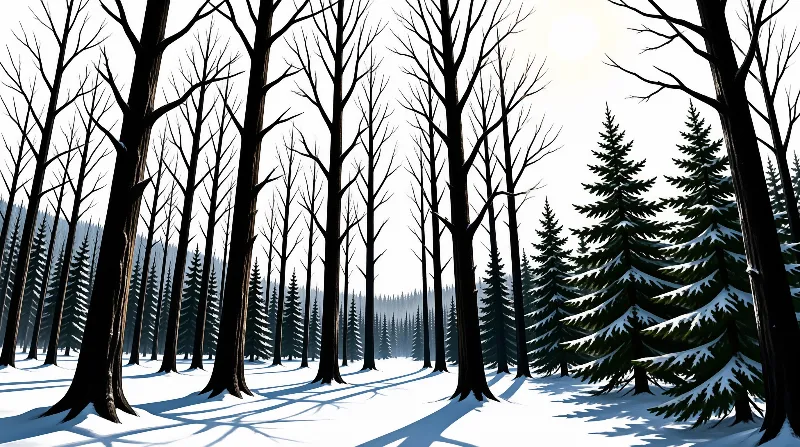 Bare deciduous trees and snow covered evergreens fill a bright snowy winter forest with long shadows across white ground under pale sky.