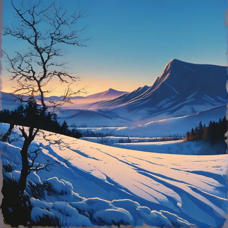 Painterly winter landscape with a dark leafless tree in the foreground and long shadows crossing the slopes to distant peaks