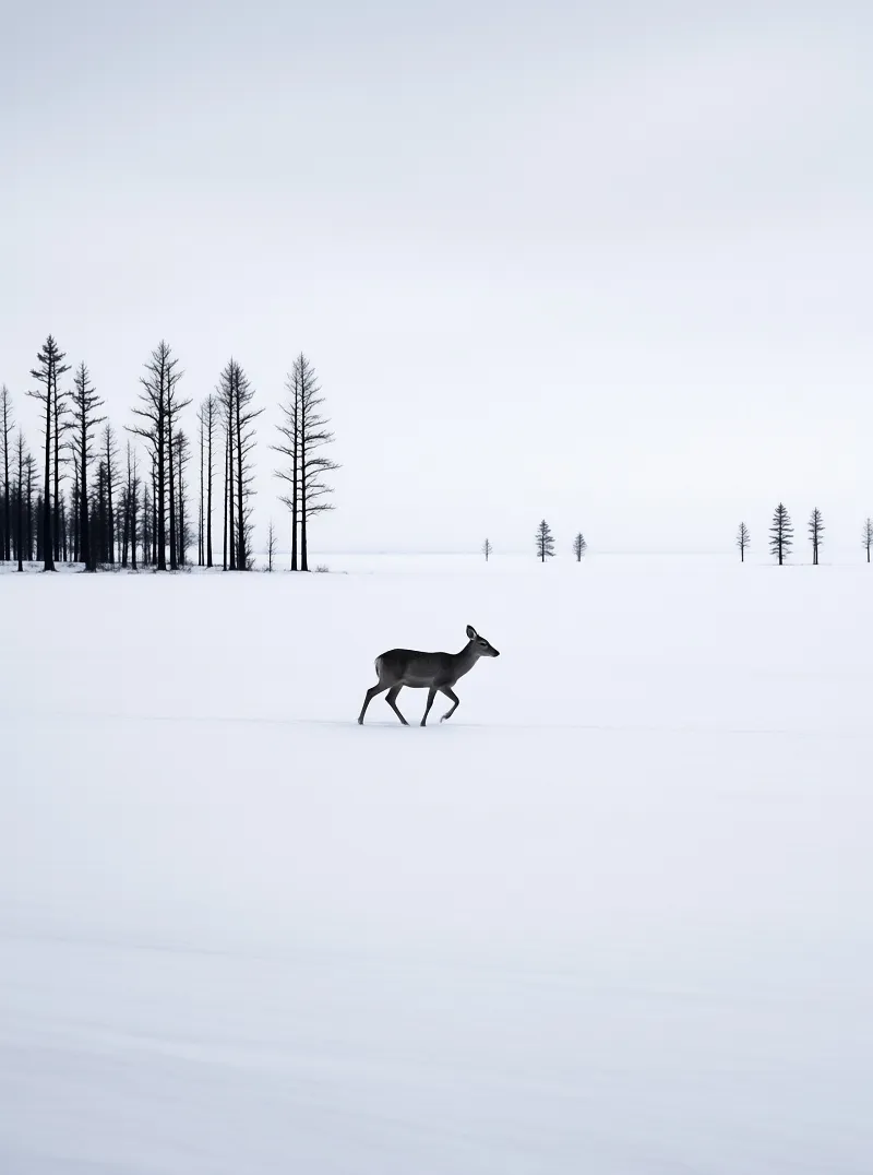 A lone deer walks across a vast snowy field with bare trees on the left under a pale overcast sky