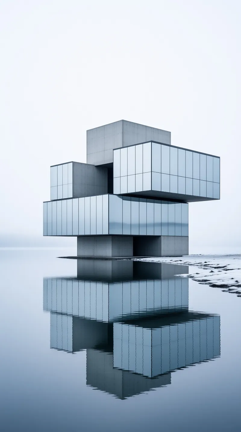 A stacked geometric structure of concrete and glass sits in calm water, mirroring its form against a foggy white horizon.