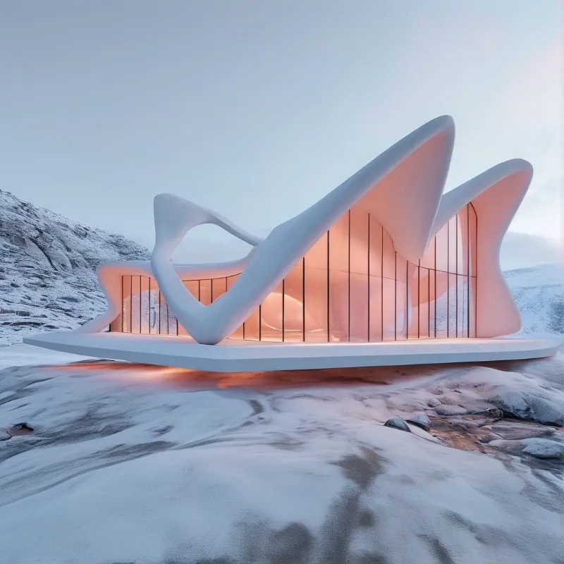 A flowing white shell with tall glowing glass panels rests on a platform above wind-swept snow at pale winter dusk.