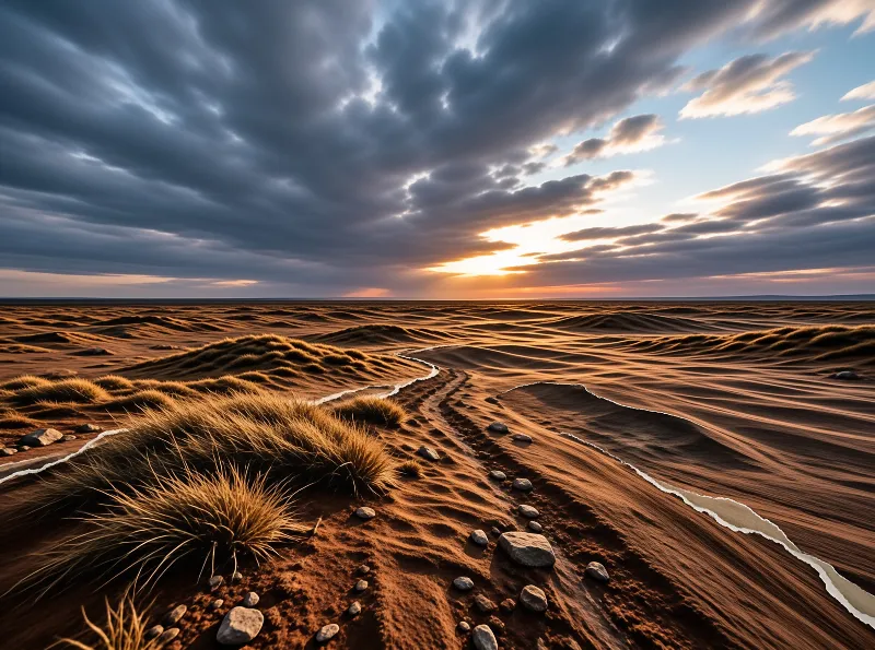A winding track and small stream cut through dry desert dunes under a cloudy sky with bright sun.