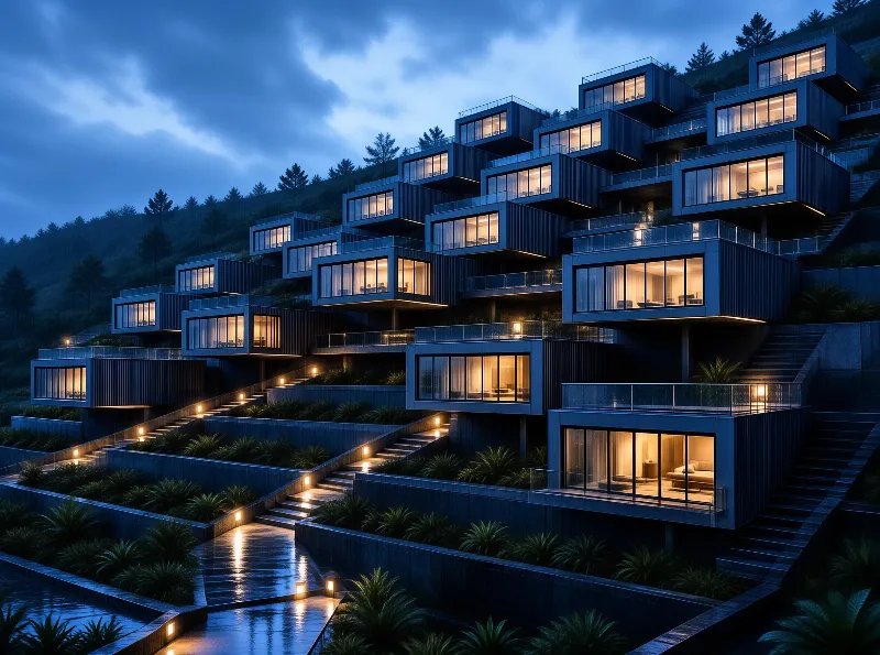 Cantilevered hillside homes rest on terraced forested slopes, warm interior lights stand out against cool dusky blue tones.